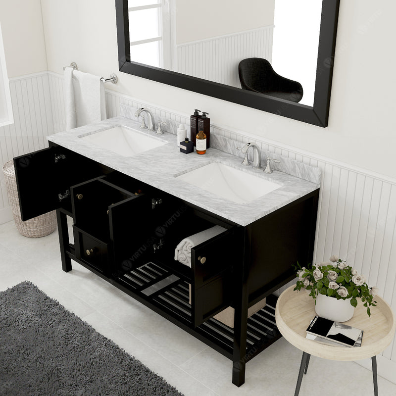 Modern Fittings Winterfell 60" Double Bath Vanity in Espresso with White Marble Top and Square Sinks Faucets