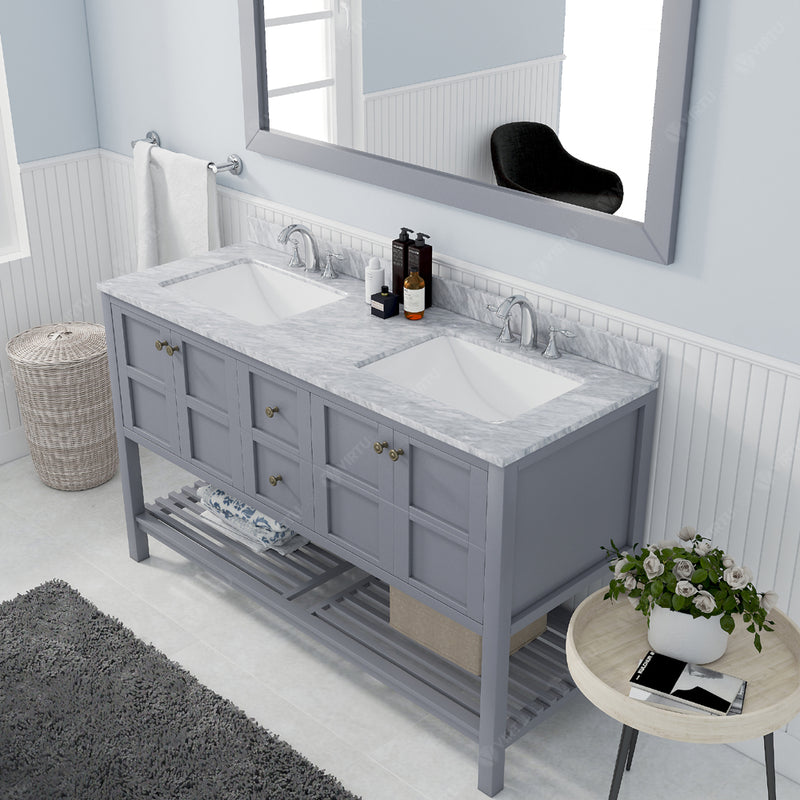 Modern Fittings Winterfell 60" Double Bath Vanity in Espresso with White Marble Top and Square Sinks Faucets