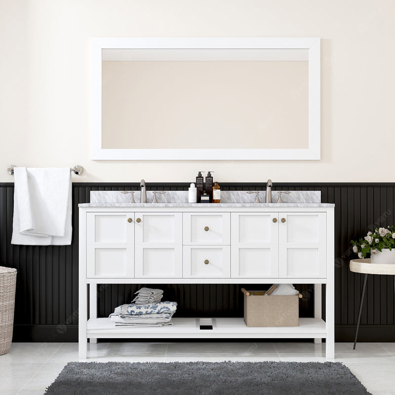 Modern Fittings Winterfell 60" Double Bath Vanity in Espresso with White Marble Top and Square Sinks Faucets