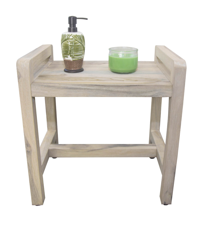EcoDecor Coastal Vogue White Wash Eleganto 20" Teak Shower Stool with LiftAid Arms