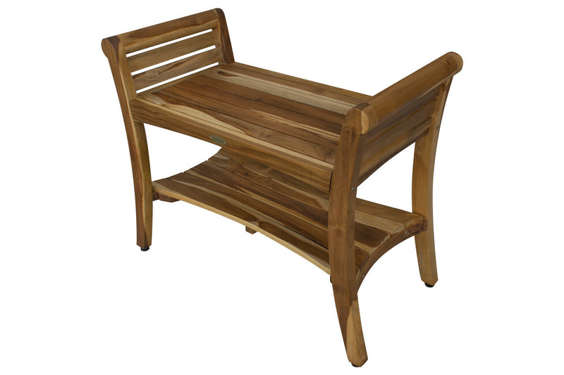 EcoDecors Symmetry 29" Teak Wood Shower Bench with Shelf and LiftAide Arms in EarthyTeak Finish ED932