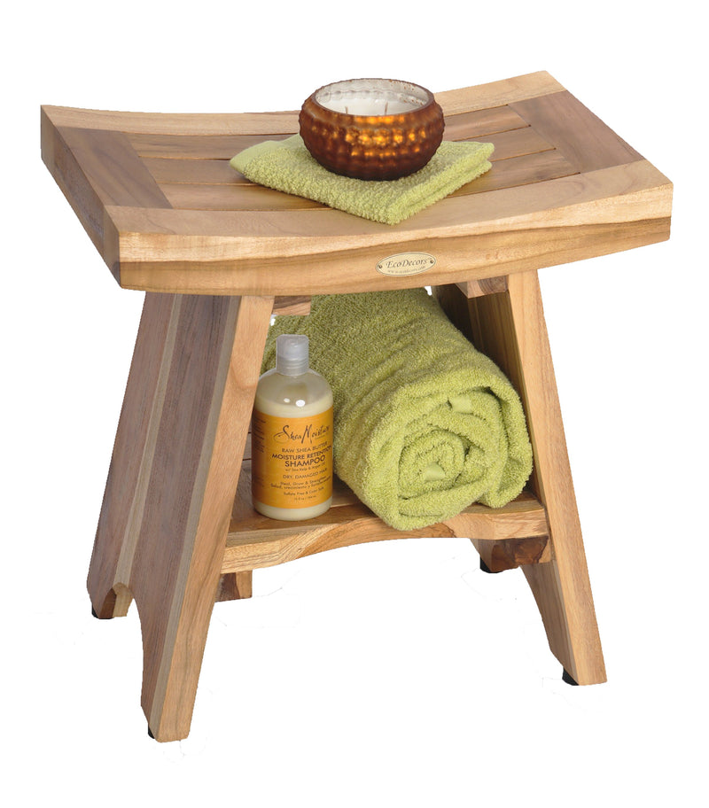 EcoDecor EarthyTeak Serenity 18" Eastern Style Shower Stool with Shelf