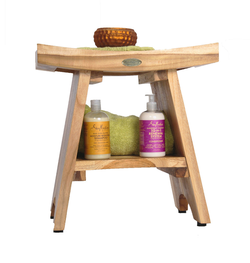 EcoDecor EarthyTeak Serenity 18" Eastern Style Shower Stool with Shelf