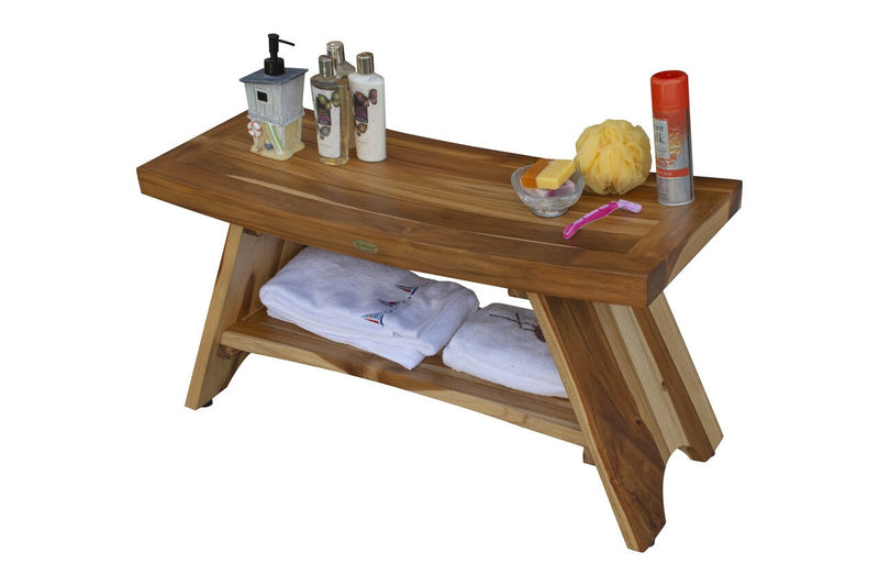 EcoDecors Serenity 35" Teak Wood Shower Bench with Shelf in EarthyTeak Finish