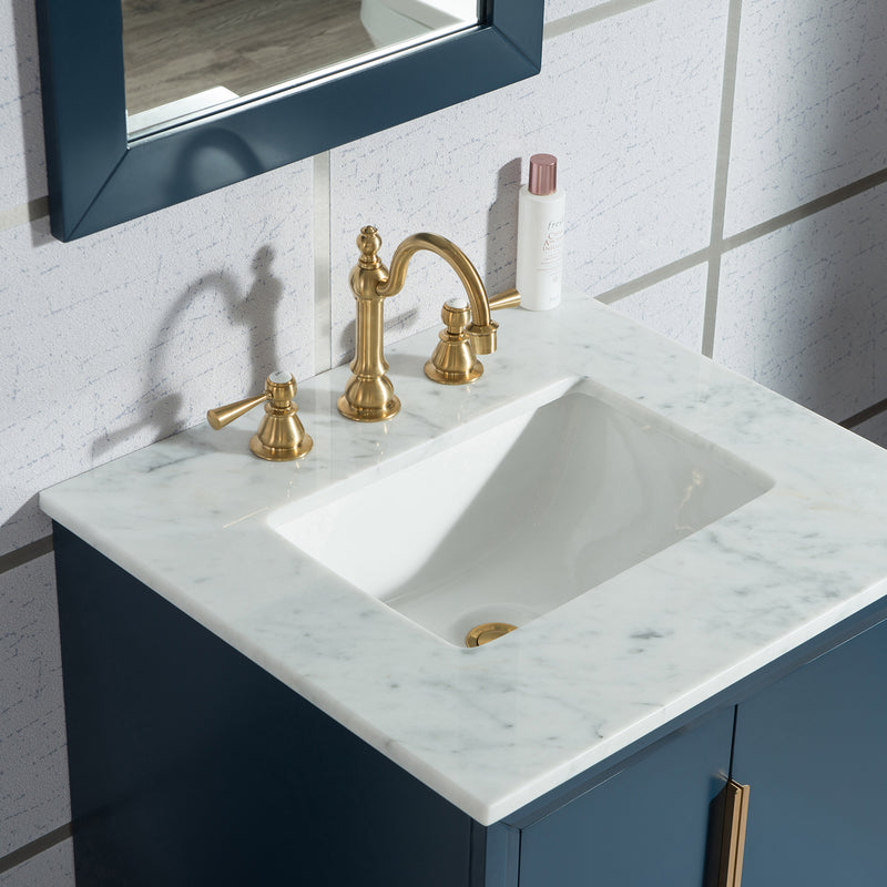 Water Creation Elizabeth 24" Single Sink Carrara White Marble Vanity In Monarch Blue with Matching Mirror and F2-0012-06-TL Lavatory Faucet EL24CW06MB-R21TL1206