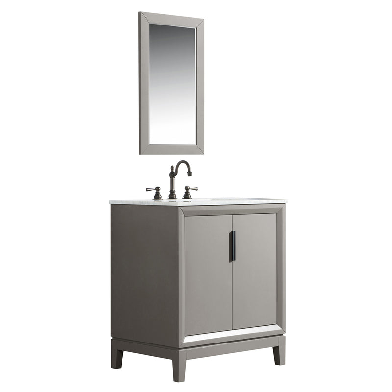 Water Creation Elizabeth 30" Single Sink Carrara White Marble Vanity In Cashmere Gray with Matching Mirror and F2-0012-03-TL Lavatory Faucet EL30CW03CG-R21TL1203