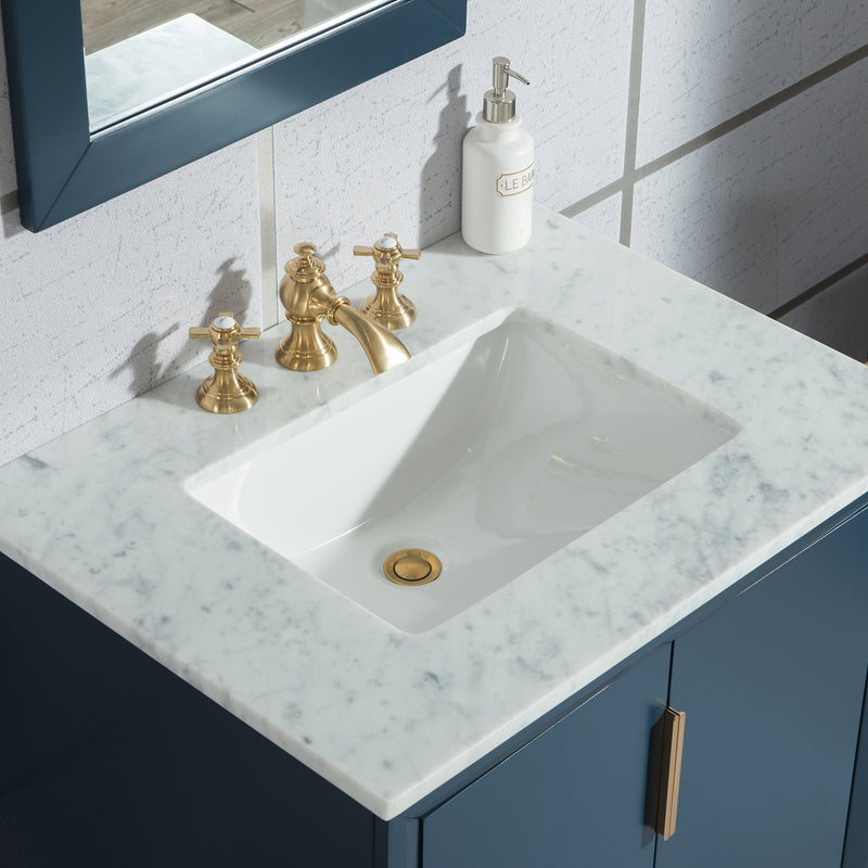 Water Creation Elizabeth 30" Single Sink Carrara White Marble Vanity In Monarch Blue with Matching Mirror and F2-0013-06-FX Lavatory Faucet EL30CW06MB-R21FX1306