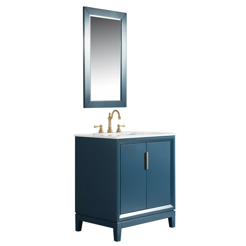 Water Creation Elizabeth 30" Single Sink Carrara White Marble Vanity In Monarch Blue with Matching Mirror EL30CW06MB-R21000000