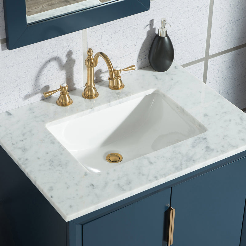 Water Creation Elizabeth 30" Single Sink Carrara White Marble Vanity In Monarch Blue with F2-0012-06-TL Lavatory Faucet EL30CW06MB-000TL1206