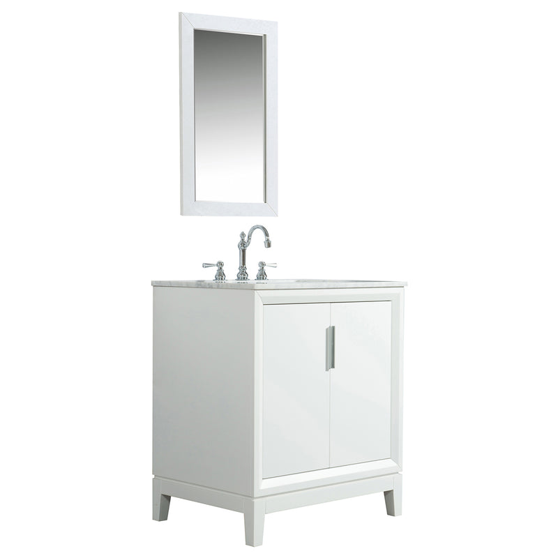 Water Creation Elizabeth 30" Single Sink Carrara White Marble Vanity In Pure White with Matching Mirror and F2-0012-01-TL Lavatory Faucet EL30CW01PW-R21TL1201