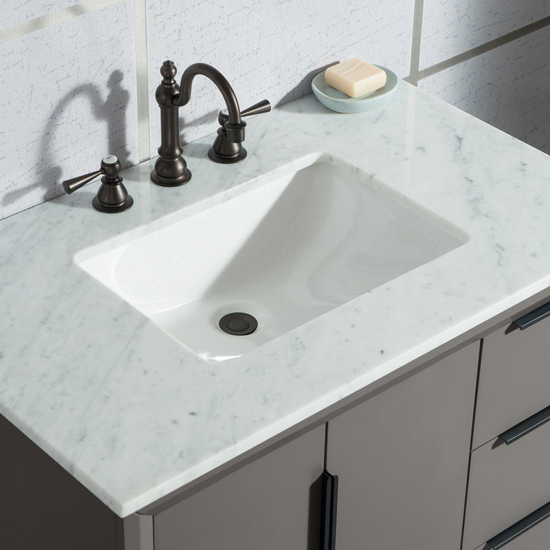 Water Creation Elizabeth 36" Single Sink Carrara White Marble Vanity In Cashmere Gray with F2-0012-03-TL Lavatory Faucet EL36CW03CG-000TL1203