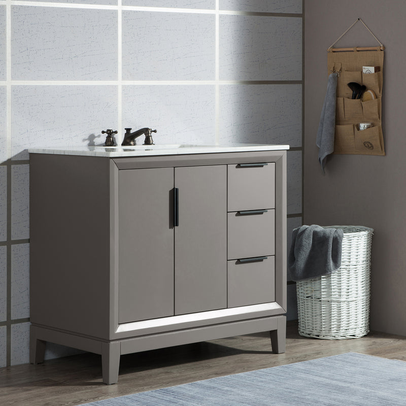 Water Creation Elizabeth 36" Single Sink Carrara White Marble Vanity In Cashmere Gray with Matching Mirror EL36CW03CG-R21000000