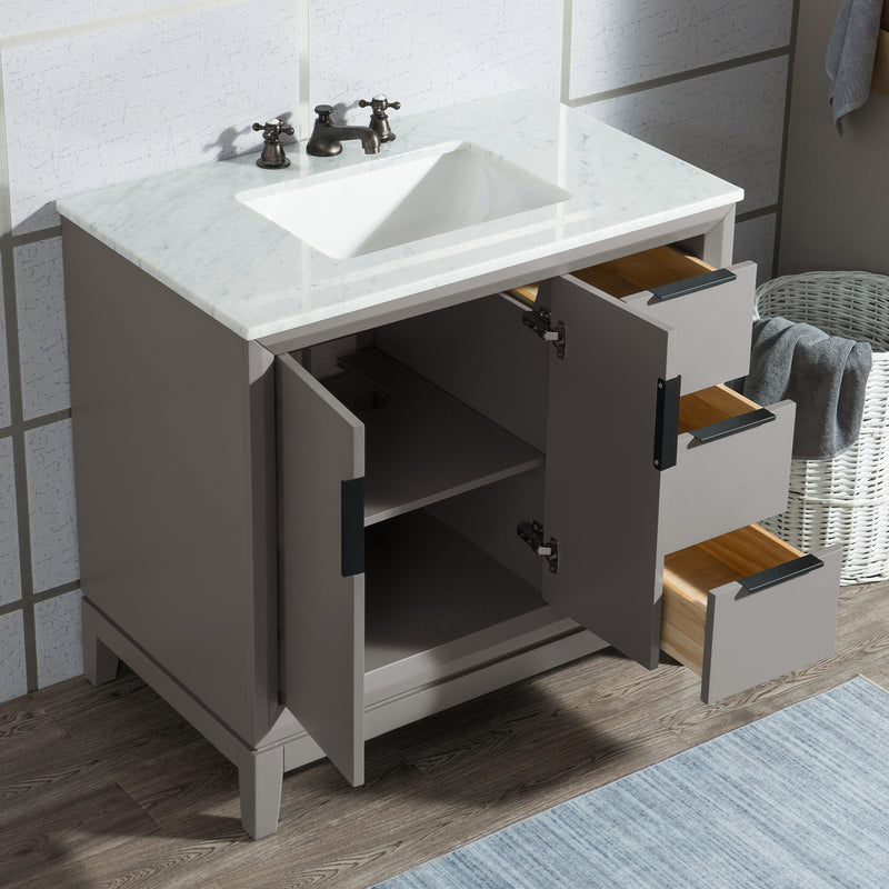 Water Creation Elizabeth 36" Single Sink Carrara White Marble Vanity In Cashmere Gray with Matching Mirror EL36CW03CG-R21000000