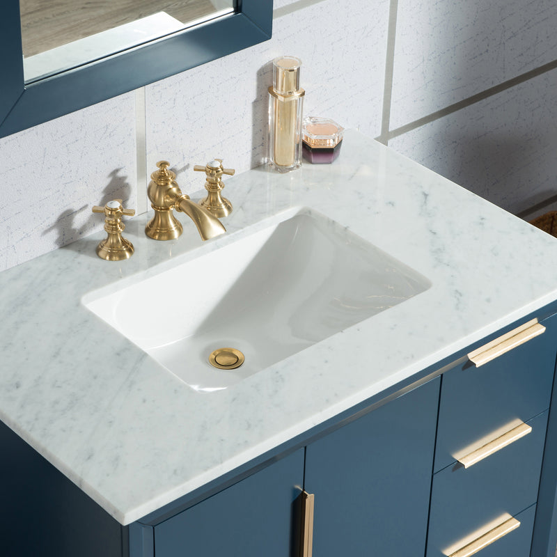 Water Creation Elizabeth 36" Single Sink Carrara White Marble Vanity In Monarch Blue with Matching Mirror and F2-0013-06-FX Lavatory Faucet EL36CW06MB-R21FX1306