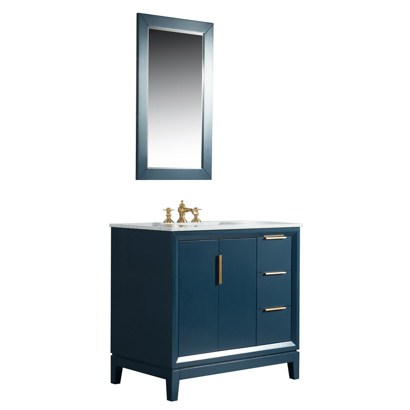 Water Creation Elizabeth 36" Single Sink Carrara White Marble Vanity In Monarch Blue with Matching Mirror and F2-0013-06-FX Lavatory Faucet EL36CW06MB-R21FX1306