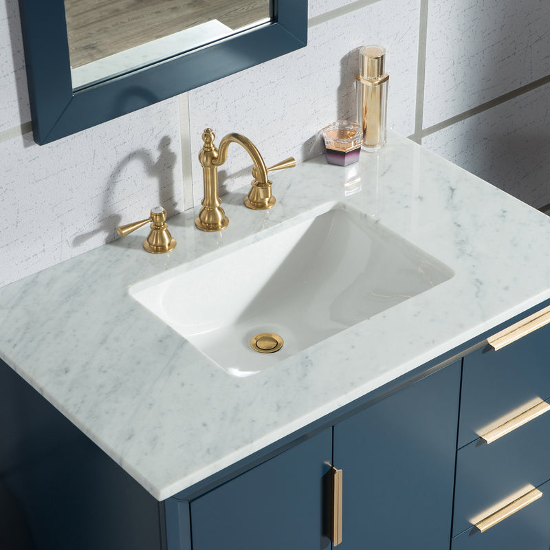 Water Creation Elizabeth 36" Single Sink Carrara White Marble Vanity In Monarch Blue with Matching Mirror and F2-0012-06-TL Lavatory Faucet EL36CW06MB-R21TL1206