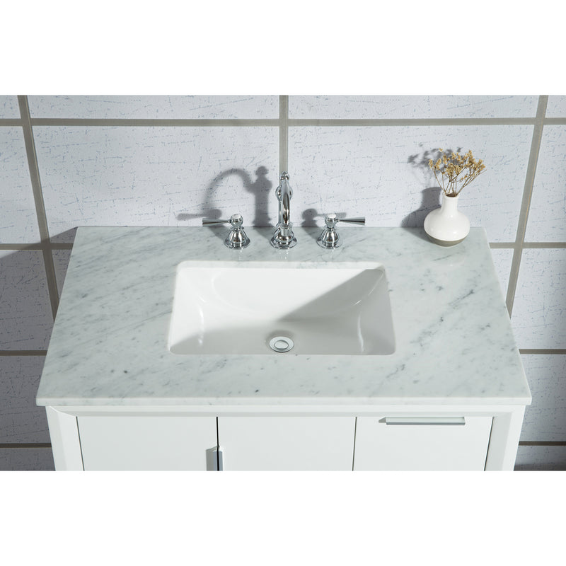 Water Creation Elizabeth 36" Single Sink Carrara White Marble Vanity In Pure White with F2-0012-01-TL Lavatory Faucet EL36CW01PW-000TL1201