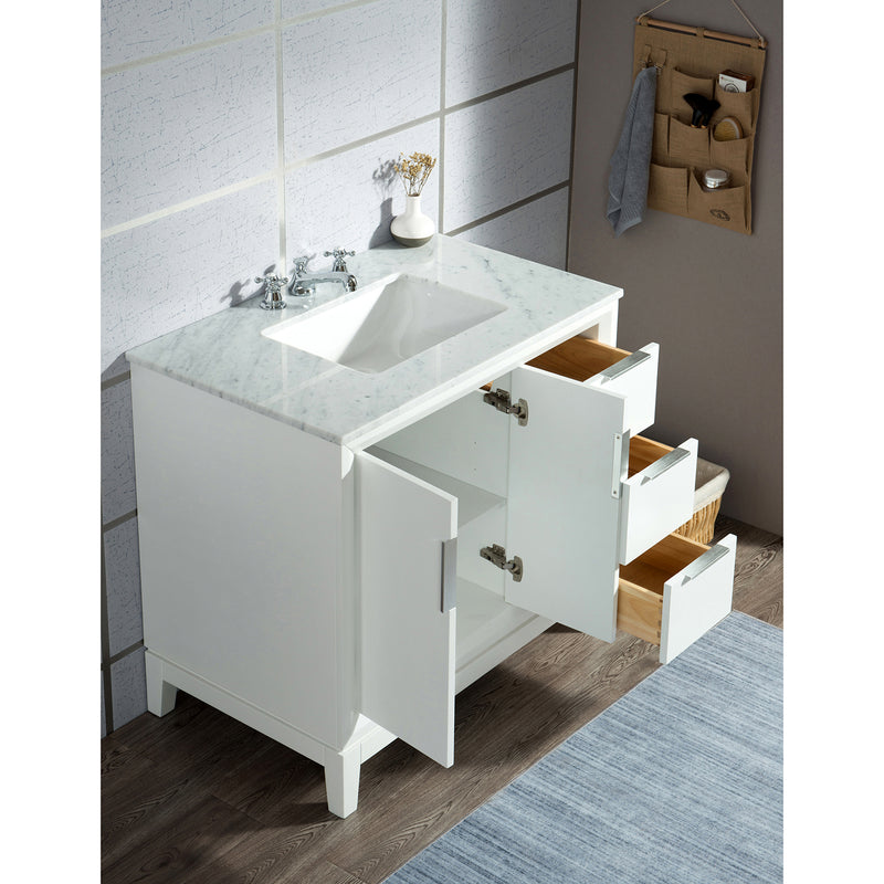 Water Creation Elizabeth 36" Single Sink Carrara White Marble Vanity In Pure White with Matching Mirror EL36CW01PW-R21000000