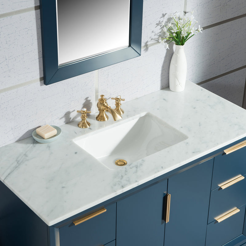 Water Creation Elizabeth 48" Single Sink Carrara White Marble Vanity In Monarch Blue with F2-0013-06-FX Lavatory Faucet EL48CW06MB-000FX1306