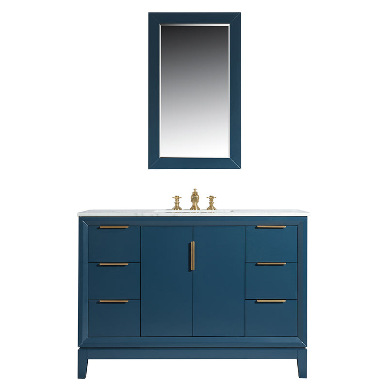 Water Creation Elizabeth 48" Single Sink Carrara White Marble Vanity In Monarch Blue with Matching Mirror and F2-0013-06-FX Lavatory Faucet EL48CW06MB-R21FX1306