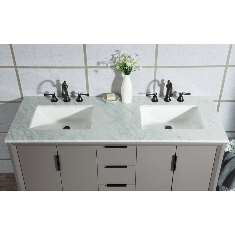 Water Creation Elizabeth 60" Double Sink Carrara White Marble Vanity In Cashmere Gray with F2-0012-03-TL Lavatory Faucet EL60CW03CG-000TL1203