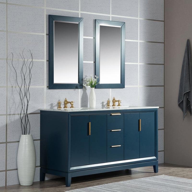 Water Creation Elizabeth 60" Double Sink Carrara White Marble Vanity In Monarch Blue with F2-0013-06-FX Lavatory Faucet EL60CW06MB-000FX1306