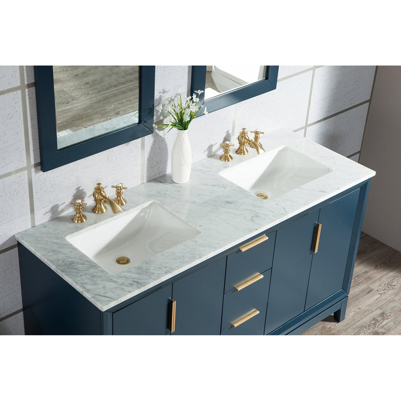 Water Creation Elizabeth 60" Double Sink Carrara White Marble Vanity In Monarch Blue with Matching Mirror and F2-0013-06-FX Lavatory Faucet EL60CW06MB-R21FX1306