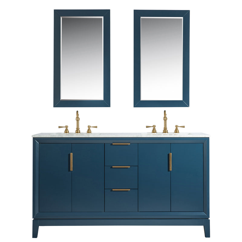 Water Creation Elizabeth 60" Double Sink Carrara White Marble Vanity In Monarch Blue with F2-0012-06-TL Lavatory Faucet EL60CW06MB-000TL1206