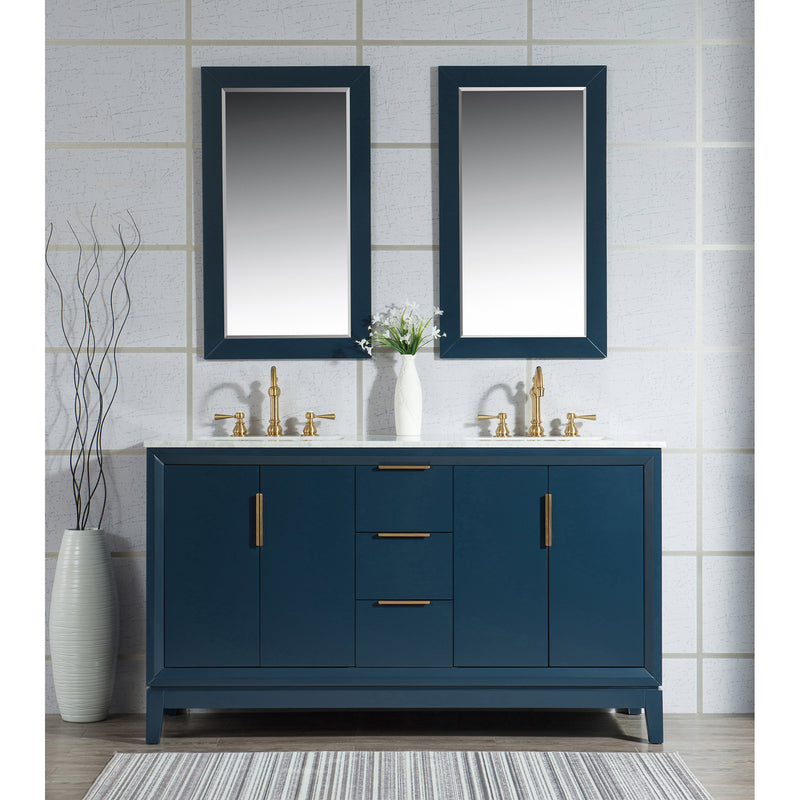 Water Creation Elizabeth 60" Double Sink Carrara White Marble Vanity In Monarch Blue with Matching Mirror and F2-0012-06-TL Lavatory Faucet EL60CW06MB-R21TL1206