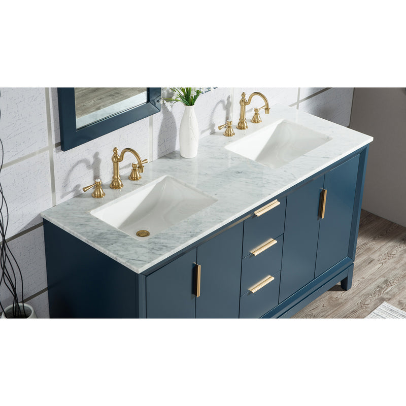 Water Creation Elizabeth 60" Double Sink Carrara White Marble Vanity In Monarch Blue with F2-0012-06-TL Lavatory Faucet EL60CW06MB-000TL1206