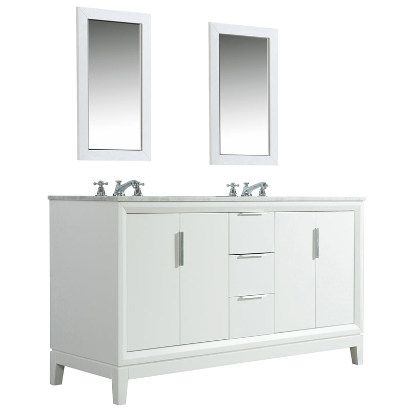 Water Creation Elizabeth 60" Double Sink Carrara White Marble Vanity In Pure White with Matching Mirror and F2-0009-01-BX Lavatory Faucet EL60CW01PW-R21BX0901