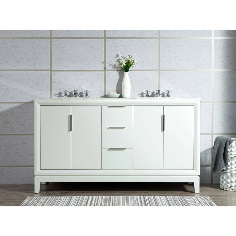 Water Creation Elizabeth 60" Double Sink Carrara White Marble Vanity In Pure White with F2-0009-01-BX Lavatory Faucet EL60CW01PW-000BX0901