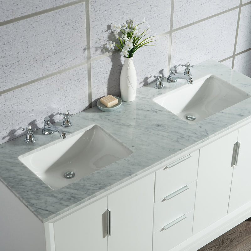 Water Creation Elizabeth 60" Double Sink Carrara White Marble Vanity In Pure White with Matching Mirror and F2-0009-01-BX Lavatory Faucet EL60CW01PW-R21BX0901