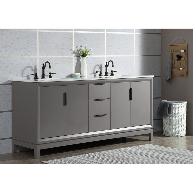 Water Creation Elizabeth 72" Double Sink Carrara White Marble Vanity In Cashmere Gray with Matching Mirror and F2-0012-03-TL Lavatory Faucet EL72CW03CG-R21TL1203