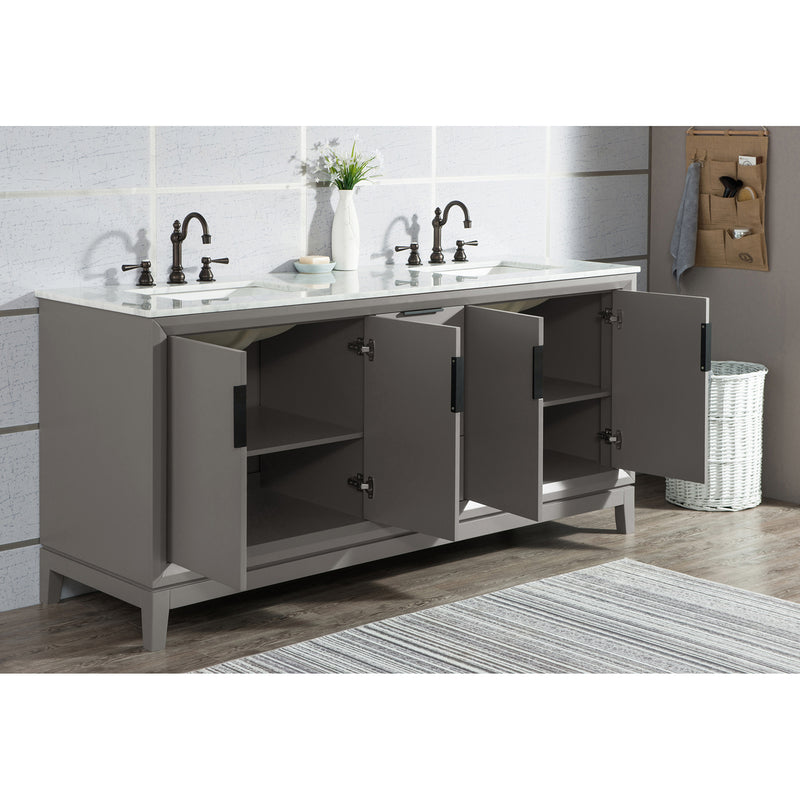 Water Creation Elizabeth 72" Double Sink Carrara White Marble Vanity In Cashmere Gray with Matching Mirror and F2-0012-03-TL Lavatory Faucet EL72CW03CG-R21TL1203