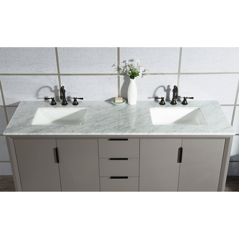 Water Creation Elizabeth 72" Double Sink Carrara White Marble Vanity In Cashmere Gray with Matching Mirror and F2-0012-03-TL Lavatory Faucet EL72CW03CG-R21TL1203