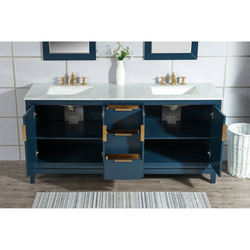 Water Creation Elizabeth 72" Double Sink Carrara White Marble Vanity In Monarch Blue with Matching Mirror and F2-0013-06-FX Lavatory Faucet EL72CW06MB-R21FX1306