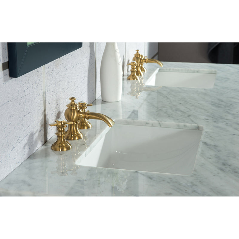 Water Creation Elizabeth 72" Double Sink Carrara White Marble Vanity In Monarch Blue with F2-0013-06-FX Lavatory Faucet EL72CW06MB-000FX1306