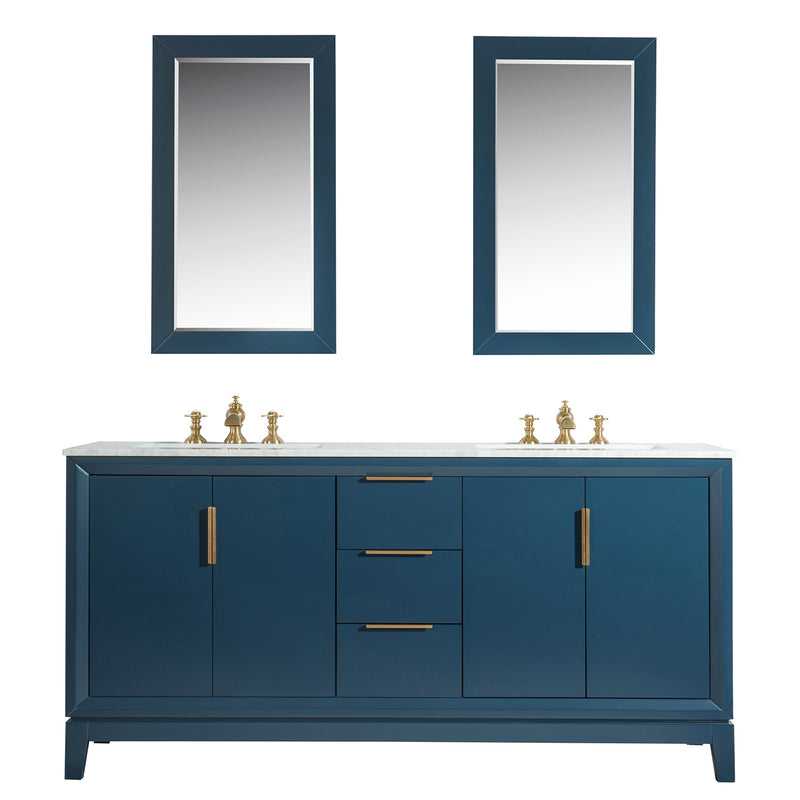 Water Creation Elizabeth 72" Double Sink Carrara White Marble Vanity In Monarch Blue with Matching Mirror and F2-0013-06-FX Lavatory Faucet EL72CW06MB-R21FX1306