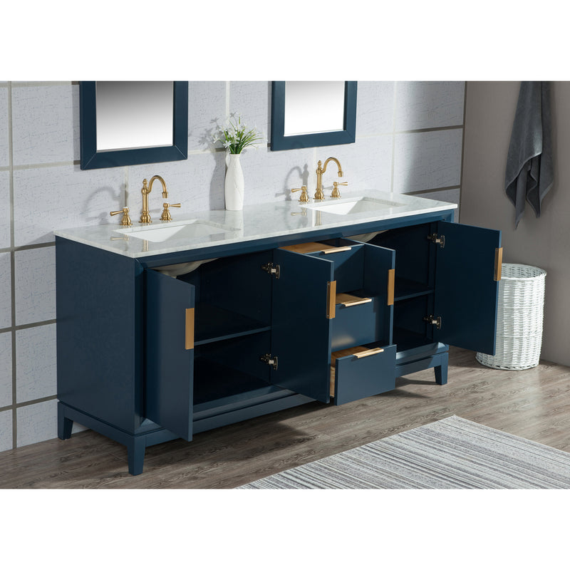 Water Creation Elizabeth 72" Double Sink Carrara White Marble Vanity In Monarch Blue with Matching Mirror EL72CW06MB-R21000000