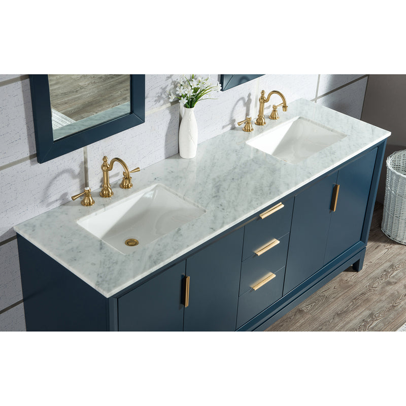 Water Creation Elizabeth 72" Double Sink Carrara White Marble Vanity In Monarch Blue with F2-0012-06-TL Lavatory Faucet EL72CW06MB-000TL1206