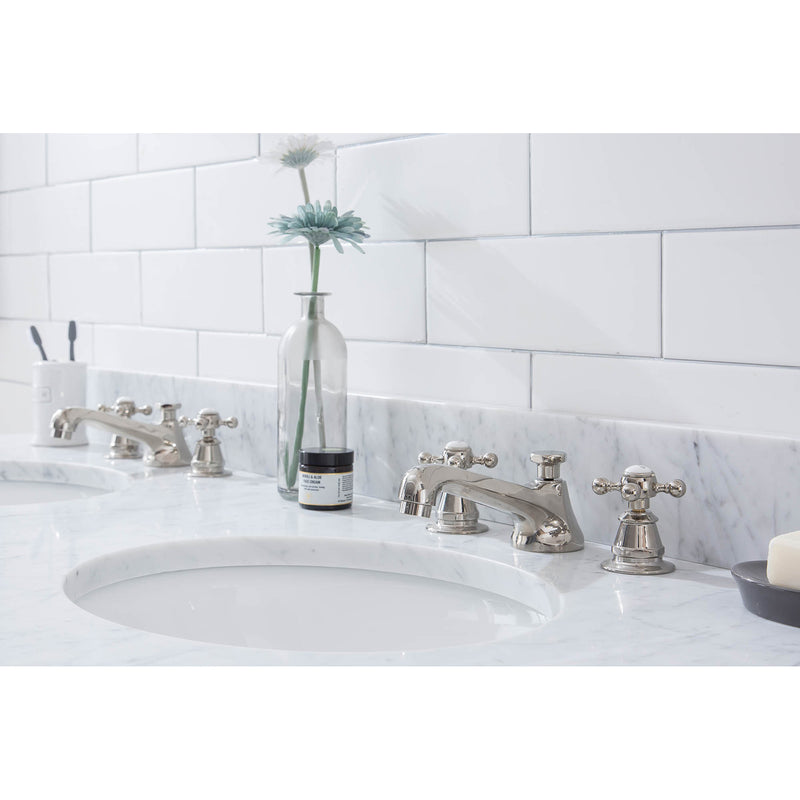 Water Creation Empire 60" Wide Double Wash Stand P-Trap Counter Top with Basin F2-0009 Faucet and Mirror included In Polished Nickel PVD Finish EP60E-0509