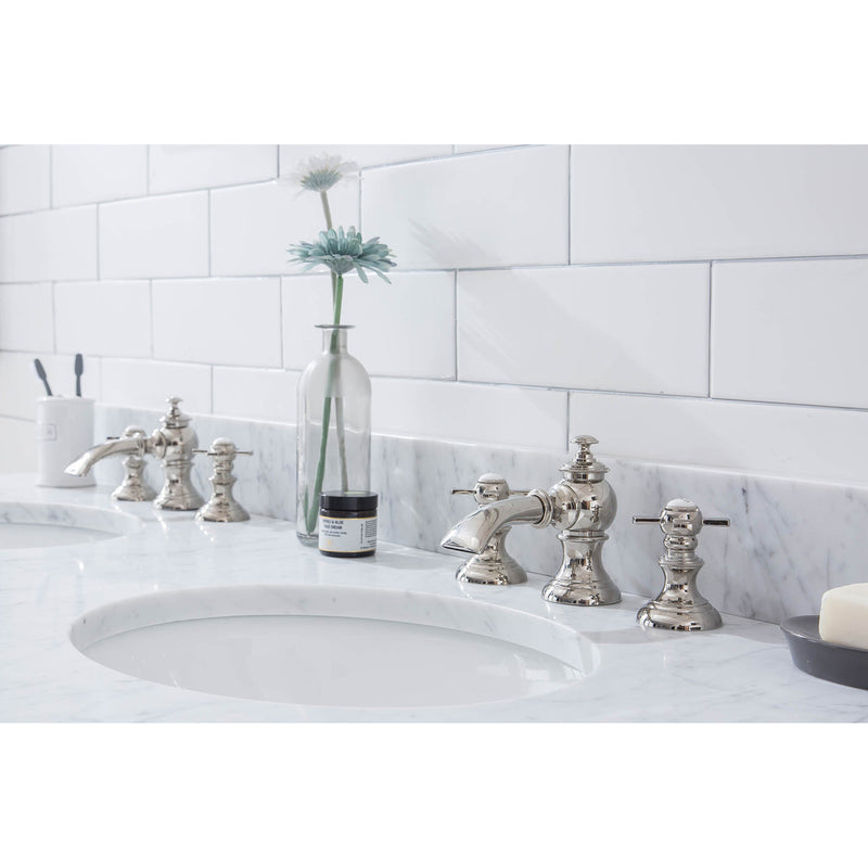 Water Creation Empire 60" Wide Double Wash Stand P-Trap Counter Top with Basin F2-0013 Faucet and Mirror included In Polished Nickel PVD Finish EP60E-0513