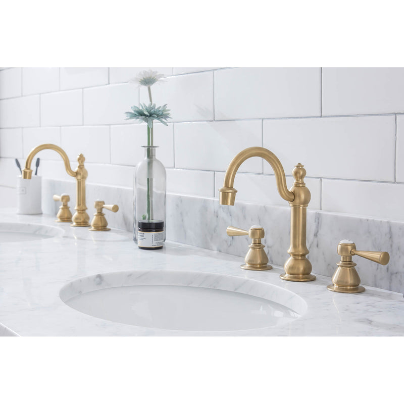 Water Creation Empire 72" Wide Double Wash Stand P-Trap Counter Top with Basin F2-0012 Faucet and Mirror included In Satin Gold Finish EP72E-0612