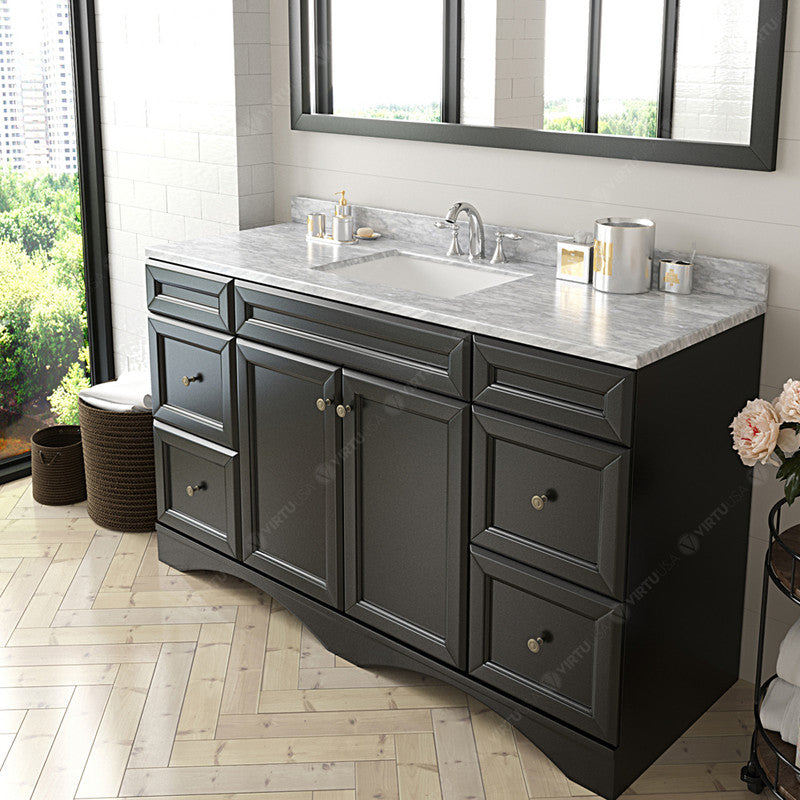 Modern Fittings Talisa 60" Single Bath Vanity in Espresso with White Marble Top and Square Sink with Brushed Nickel Faucet with Matching Mirror