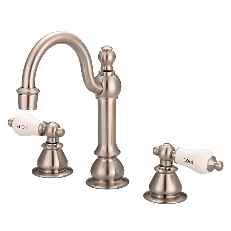 Water Creation American 20th Century Classic Widespread Lavatory F2-0012 Faucets with Pop-Up Drain in Brushed Nickel Finish with Porcelain Lever Handles Hot and Cold Labels Included F2-0012-02-CL
