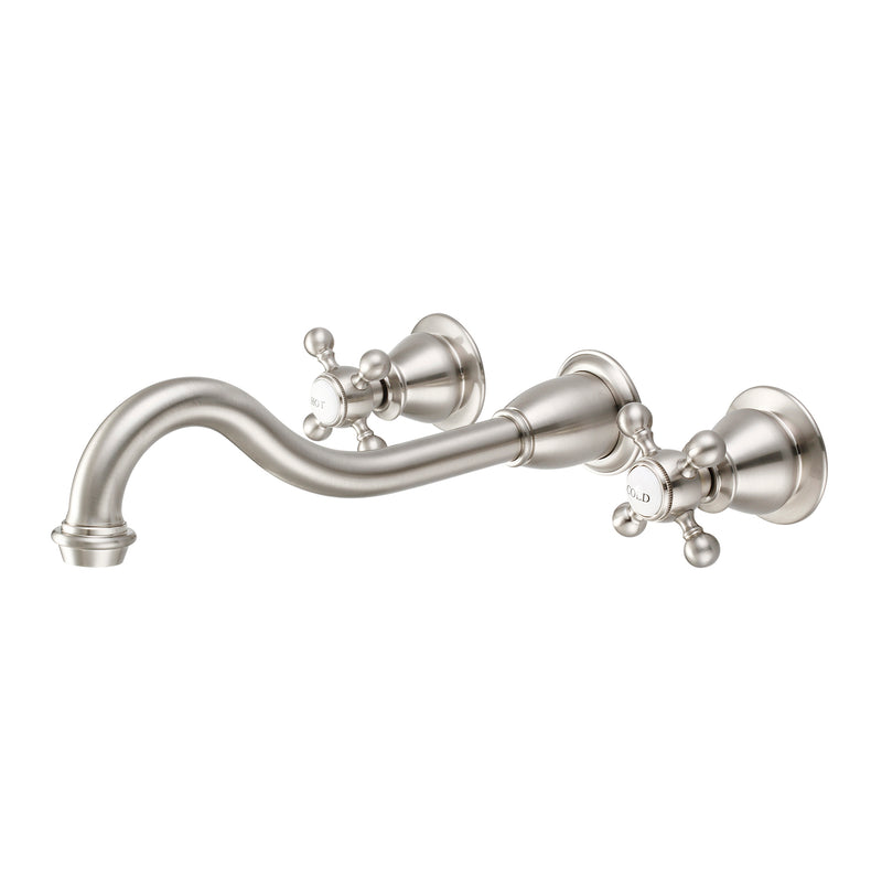 Water Creation Elegant Spout Wall Mount Vessel/Lavatory Faucets in Brushed Nickel Finish with Metal Lever Handles Hot and Cold Labels Included F4-0001-02-BX