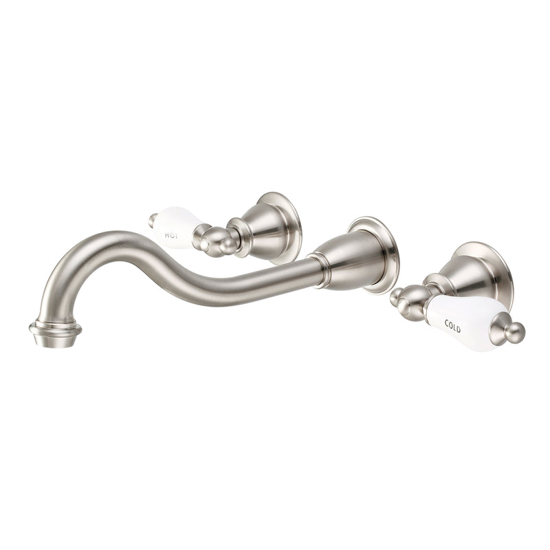 Water Creation Elegant Spout Wall Mount Vessel/Lavatory Faucets in Brushed Nickel Finish with Porcelain Lever Handles Hot and Cold Labels Included F4-0001-02-CL