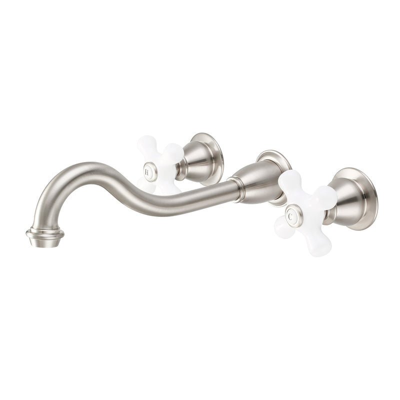 Water Creation Elegant Spout Wall Mount Vessel/Lavatory Faucets in Brushed Nickel Finish with Porcelain Cross Handles Hot and Cold Labels Included F4-0001-02-PX