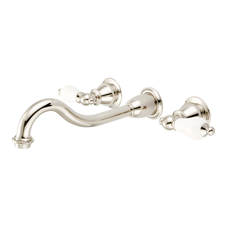 Water Creation Elegant Spout Wall Mount Vessel/Lavatory Faucets in Polished Nickel PVD Finish with Porcelain Lever Handles without Labels F4-0001-05-PL